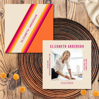 Custom Dark Pink Orange Retro Stripes 70s, 80s Square Business Card