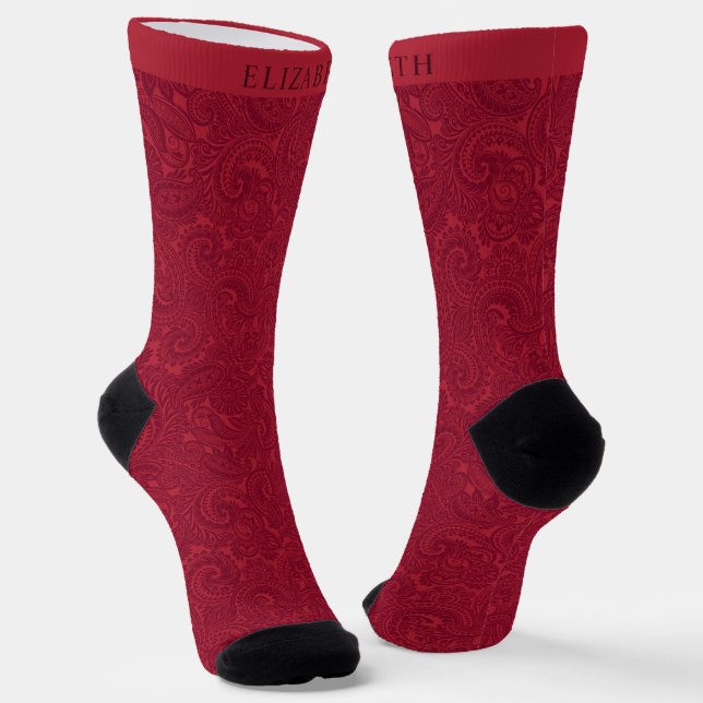 Custom Dark Pink Wine Red Maroon Paisley Pattern Socks (Angled)