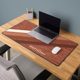 Custom Dark Red Brown Stripes Art On Faux Wood Desk Mat