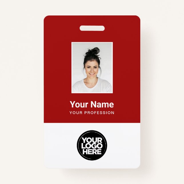Custom Dark Red Employee Photo, Bar Code, Logo ID Badge (Front)