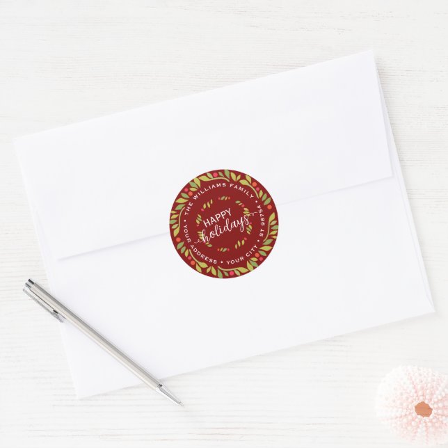 Custom Dark Red Holly Berries Green Leaves Wreath Classic Round Sticker (Envelope)