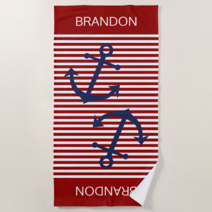 Custom Dark Red White Preppy Stripes Pattern Beach Towel