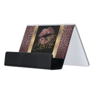 Custom - Dark Rose Glitter Lips on Gold & Leopard Desk Business Card Holder