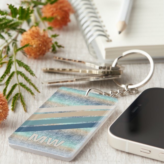 Custom Dark Teal Blue Brown Retro Stripes Key Ring (Front Right)