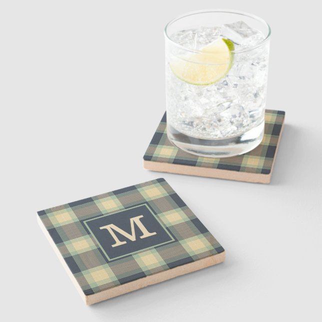 Custom Dark Teal Blue Green Classic Tartan Pattern Stone Coaster (Side)