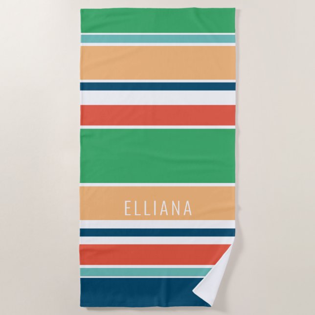Custom Dark Teal Blue Green Orange Yellow Stripes Beach Towel (Front)