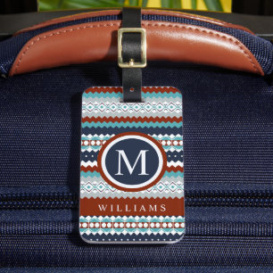 Custom Dark Teal Blue Red White  Aztec Pattern Luggage Tag