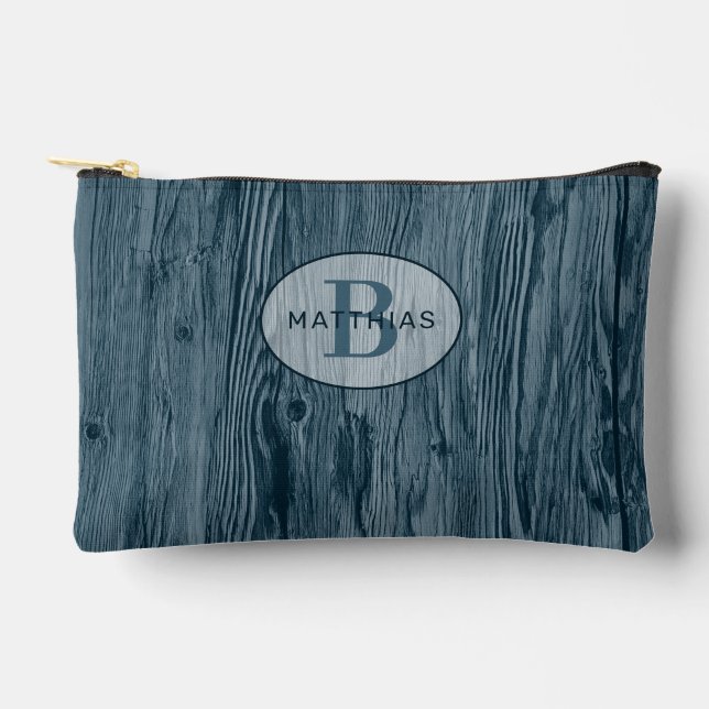 Custom Dark Teal Blue Woodgrain Pattern Accessory Pouch (Front)