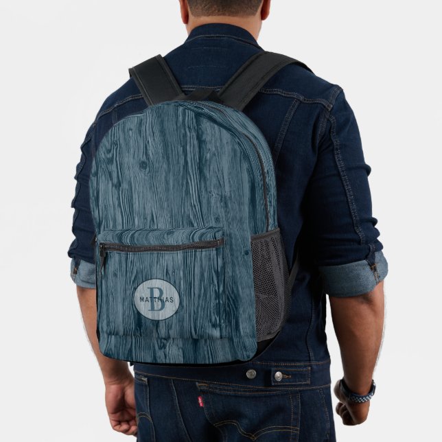Custom Dark Teal Blue Woodgrain Pattern Printed Backpack (Insitu (Model))