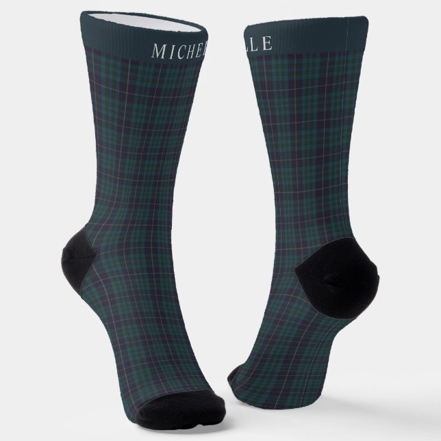 Custom Dark Teal Green Blue Chequered Pattern Socks (Angled)