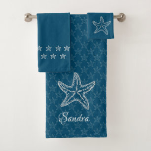 Custom Dark Teal White Chic Beach house Starfish Bath Towel Set