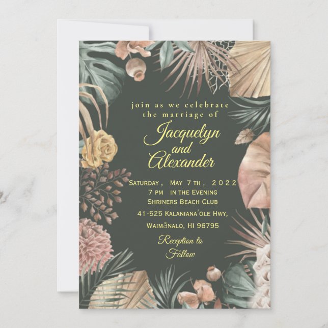 Custom Dark Tropical Flower Wedding  Invitation (Front)