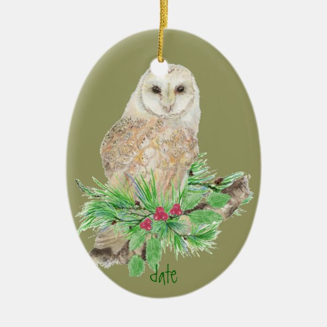 Custom Date Christmas Barn Owl Ornament (Front)