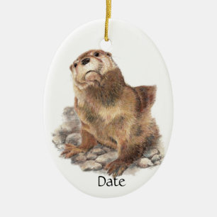 Custom Date Cute River Otter, Nature Animal Ceramic Tree Decoration