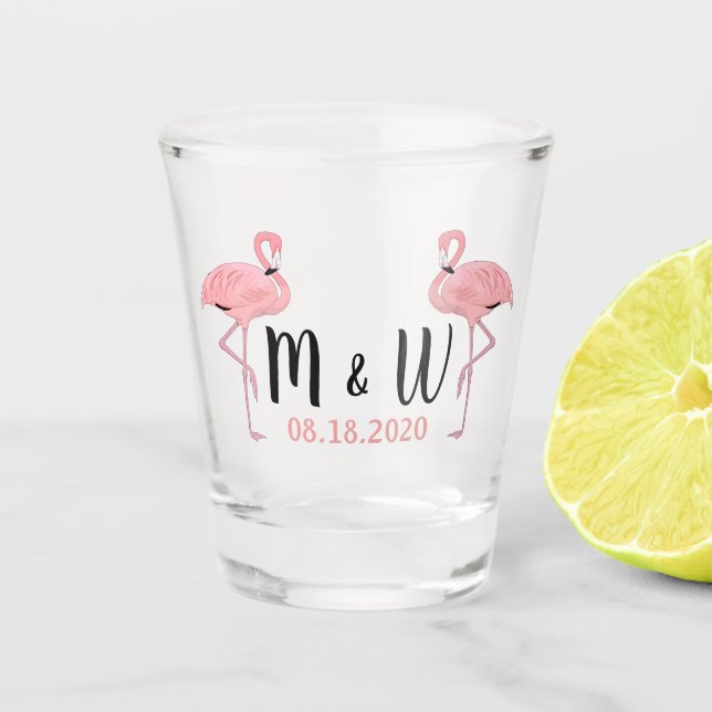 Custom Date Monogram Cute Fun Pink Flamingoes Art Shot Glass (Front)