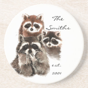 Custom Date Monogram Family Cute Raccoons Coaster