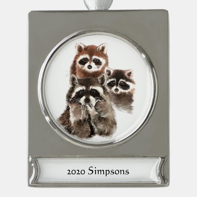 Custom date name Cute Racoon Family Animal Nature Silver Plated Banner Ornament (Front)