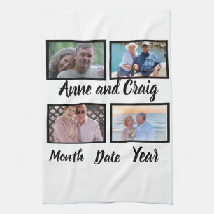 Custom Date Wedding Anniversary 4 Photo Collage Tea Towel