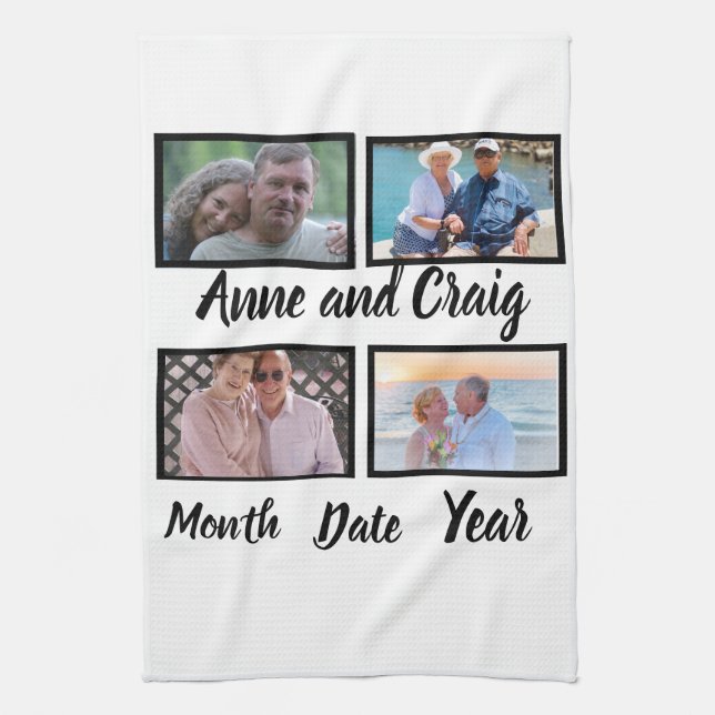 Custom Date Wedding Anniversary 4 Photo Collage  Tea Towel (Vertical)