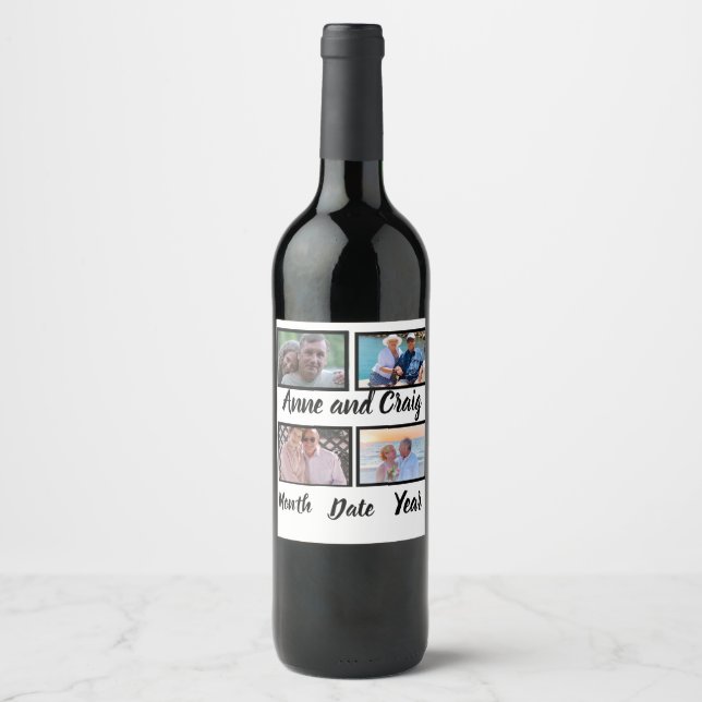 Custom Date Wedding Anniversary 4 Photo Collage Wine Label (Front)