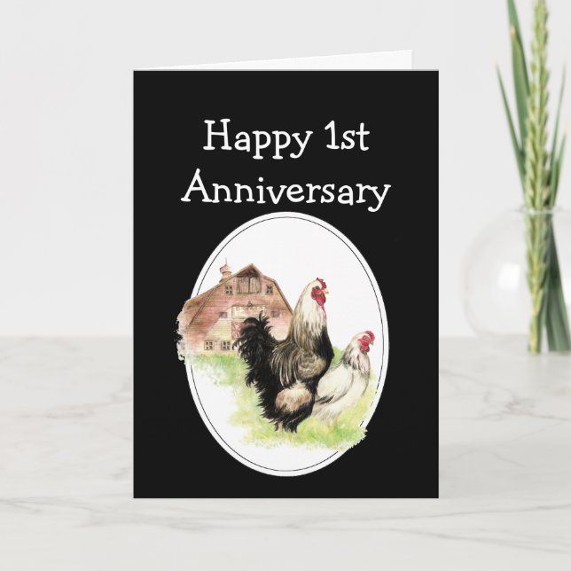 Custom Dated Anniversary Farm, Country Chickens Card (Front)