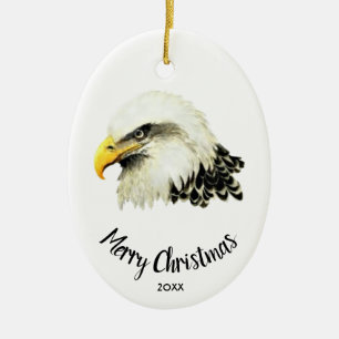 Custom Dated Bald Eagle Owl Bird Merry Christmas Ceramic Tree Decoration