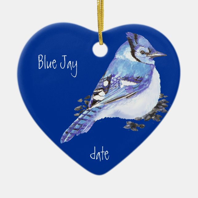 Custom Dated Blue Jay Bird Animal Ceramic Tree Decoration (Front)