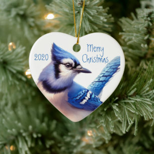 Custom Dated Blue Jay Bird Watercolor Art Ceramic Tree Decoration