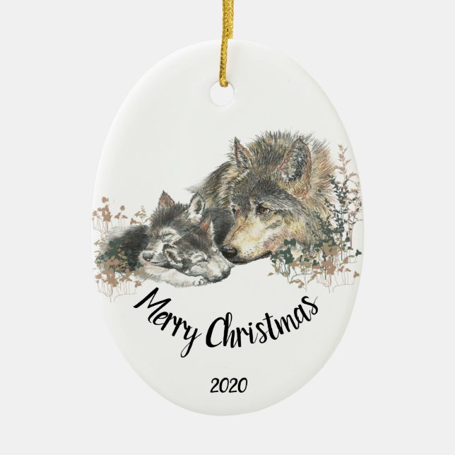 Custom Dated Caring Wolf & Cub caregiving animal Ceramic Tree Decoration (Front)