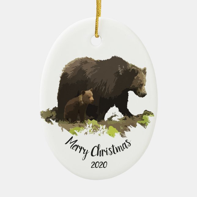 Custom Dated Christmas Bear Family Cub Animal art Ceramic Tree Decoration (Front)