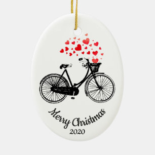 Custom Dated Christmas Bike Love Hearts Ceramic Tree Decoration