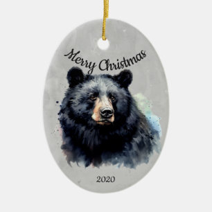 Custom Dated Christmas Black Bear Animal Ceramic Tree Decoration
