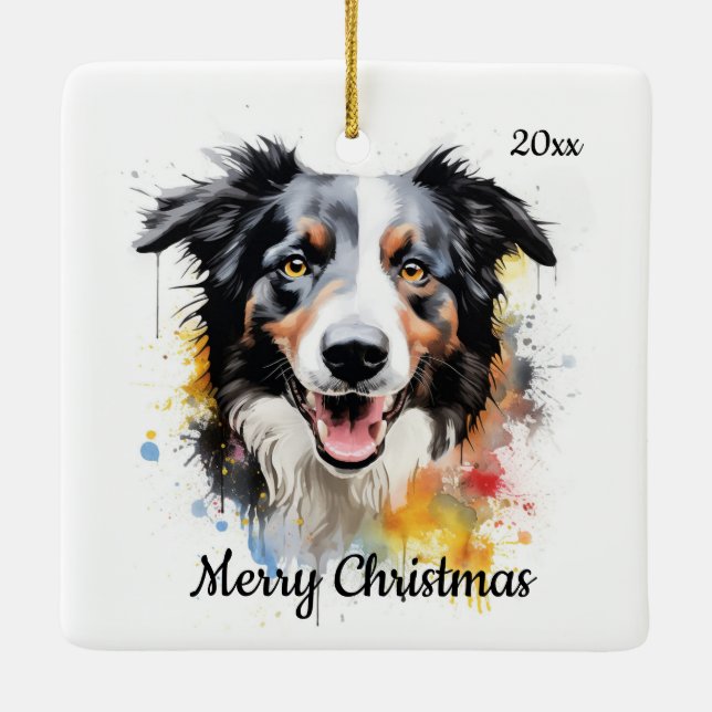 Custom Dated Christmas Border Collie Dog Pet  Ceramic Ornament (Back)