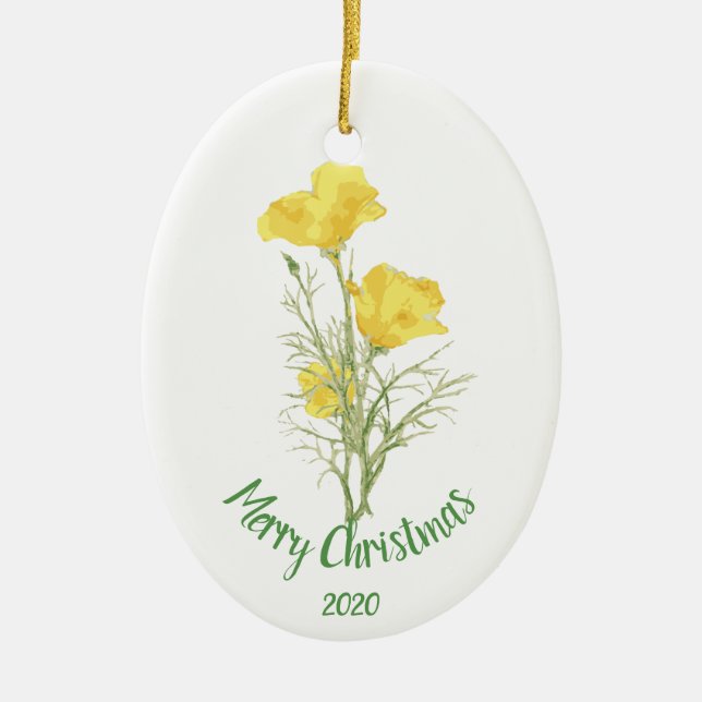 Custom Dated Christmas California Poppy Flower Art Ceramic Tree Decoration (Front)
