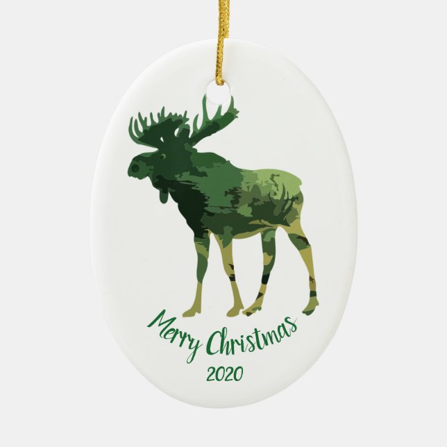 Custom Dated Christmas Camouflage Moose Fun Art Ceramic Tree Decoration (Front)