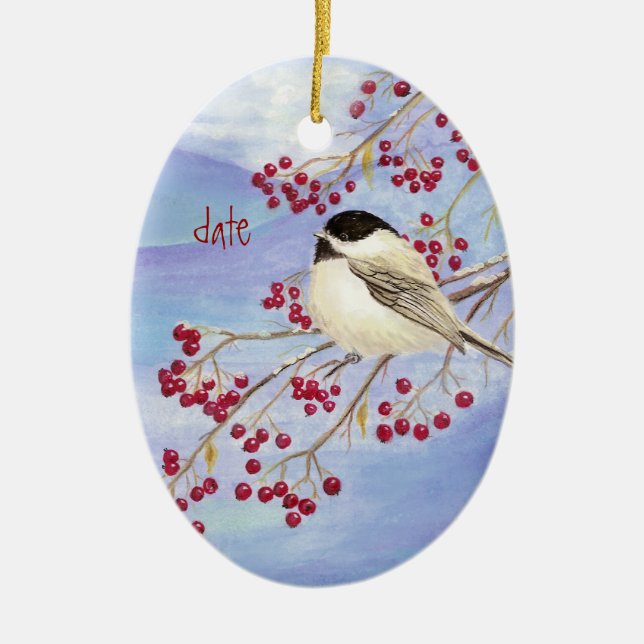 Custom Dated Christmas Chickadee Bird & Berries Ceramic Tree Decoration (Front)