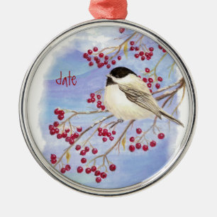 Custom Dated Christmas Chickadee Bird & Berries Metal Tree Decoration