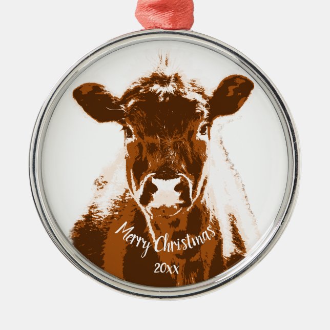 Custom Dated Christmas Cow Farm Animal   Metal Tree Decoration (Front)