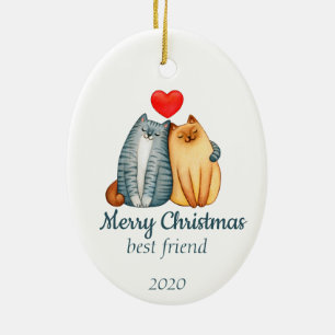Custom Dated Christmas Cute Cats Best Friend  Ceramic Tree Decoration