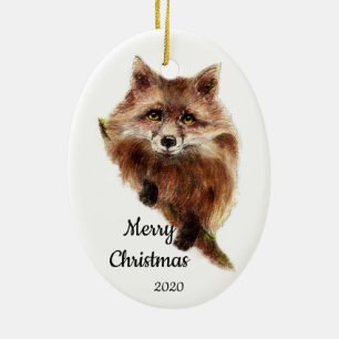 Custom Dated Christmas Cute Red Fox Animal Ceramic Tree Decoration