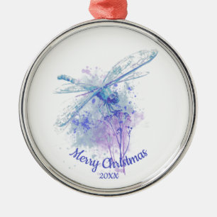 Custom Dated Christmas Dragonfly Watercolor art  M Metal Tree Decoration