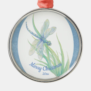Custom Dated Christmas Dragonfly Watercolor art  Metal Tree Decoration