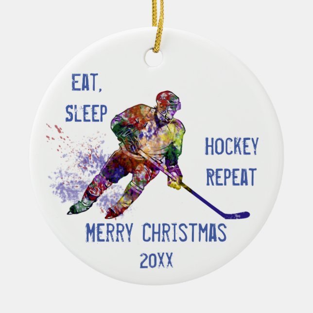 Custom Dated Christmas Eat Sleep Hockey Repeat Fun Ceramic Tree Decoration (Front)