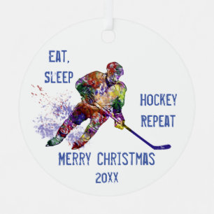 Custom Dated Christmas Eat Sleep Hockey Repeat Fun Metal Tree Decoration
