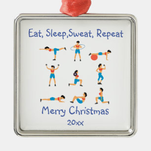 Custom Dated Christmas Eat Sleep Sweat Repeat Metal Tree Decoration