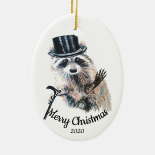 Custom Dated Christmas Formal Racoon Fun Ceramic Tree Decoration