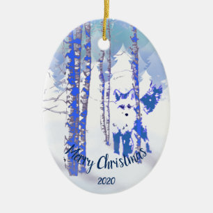 Custom Dated Christmas Fox in Birch Tree Forest Ceramic Tree Decoration