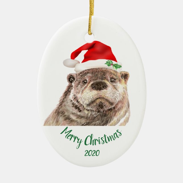 Custom Dated Christmas Fun Otter Santa Hat Animal Ceramic Tree Decoration (Front)