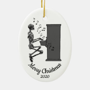 Custom Dated Christmas Fun Skeleton Playing Piano Ceramic Tree Decoration