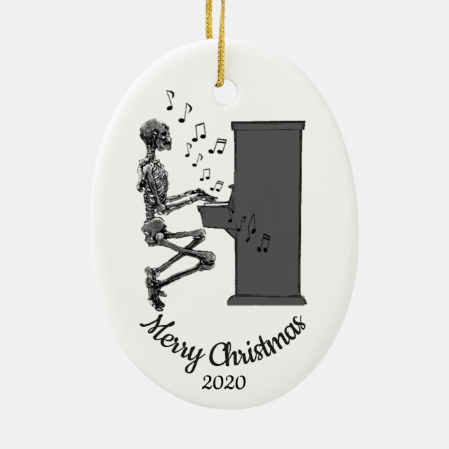 Custom Dated Christmas Fun Skeleton Playing Piano Ceramic Tree Decoration (Back)